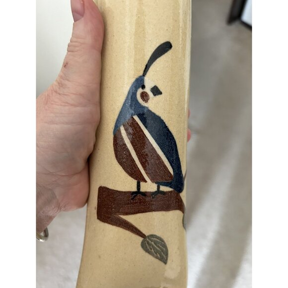 Quail ART POTTERY WALL POCKET FLOWER VASE Bird Southwest 12 x 3.5" Leather Strap - Picture 12 of 12